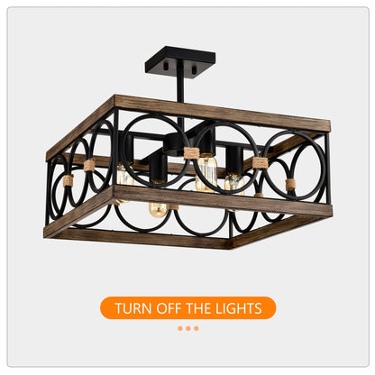 4-Light Wood & Black Farmhouse Flush Mount Ceiling Light - view 9