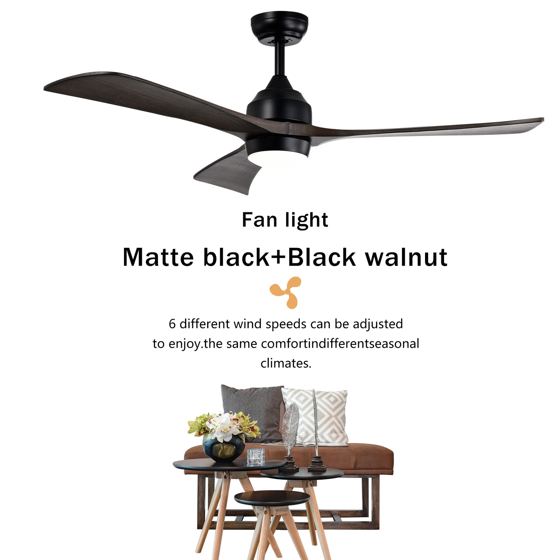 52" Matte Black Solid Wood Ceiling Fan with Remote - view 13