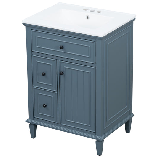 24" Blue Gray Bathroom Vanity with Sink, Flip Drawer & 2 Drawers