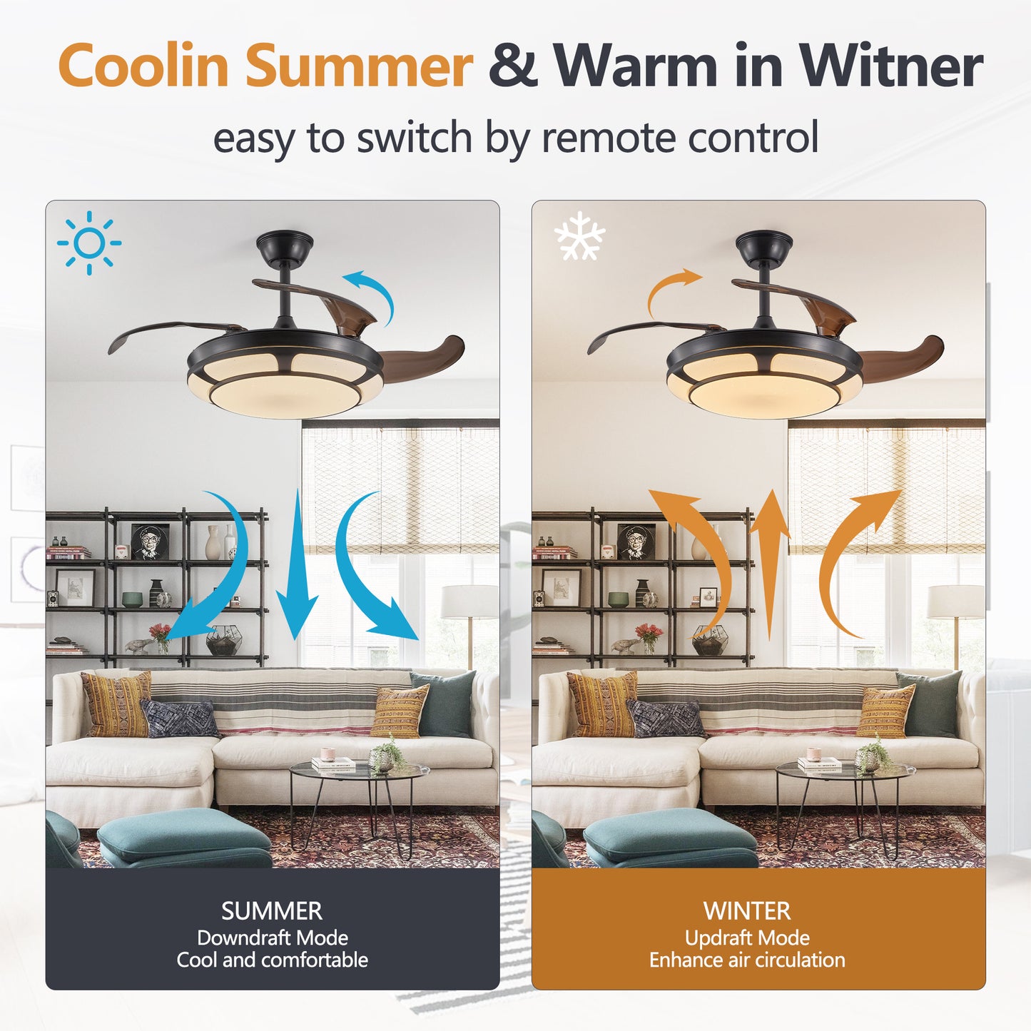 42" Black Retractable Ceiling Fan with Remote - view 6