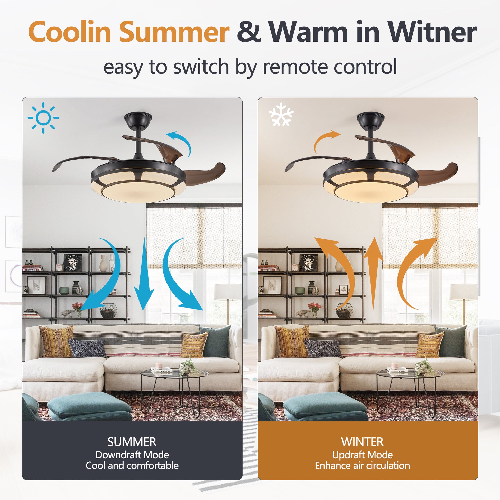 42" Black Retractable Ceiling Fan with Remote - view 6