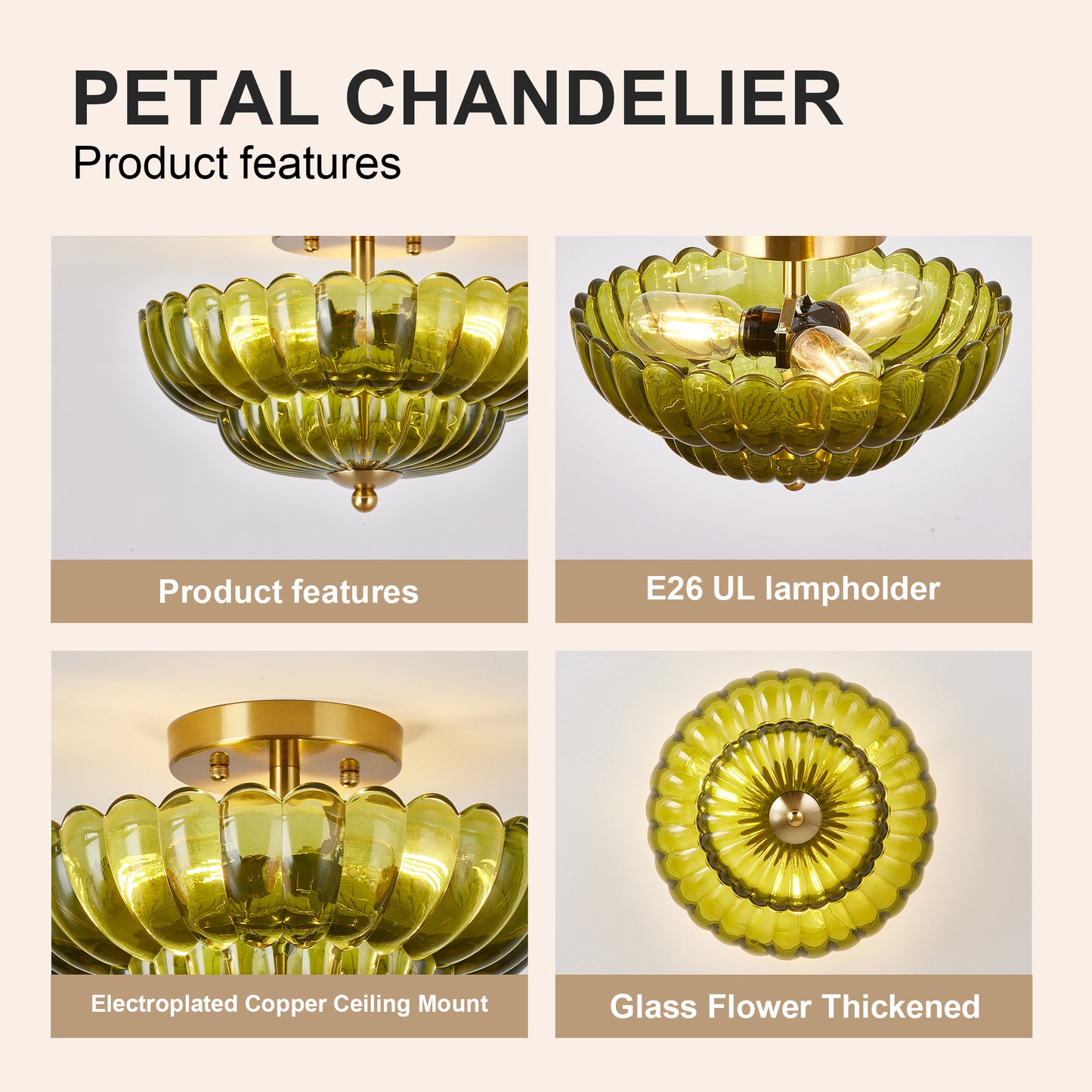 11.8" 3-Light Green Flower Glass Semi Flush Ceiling Light - view 5
