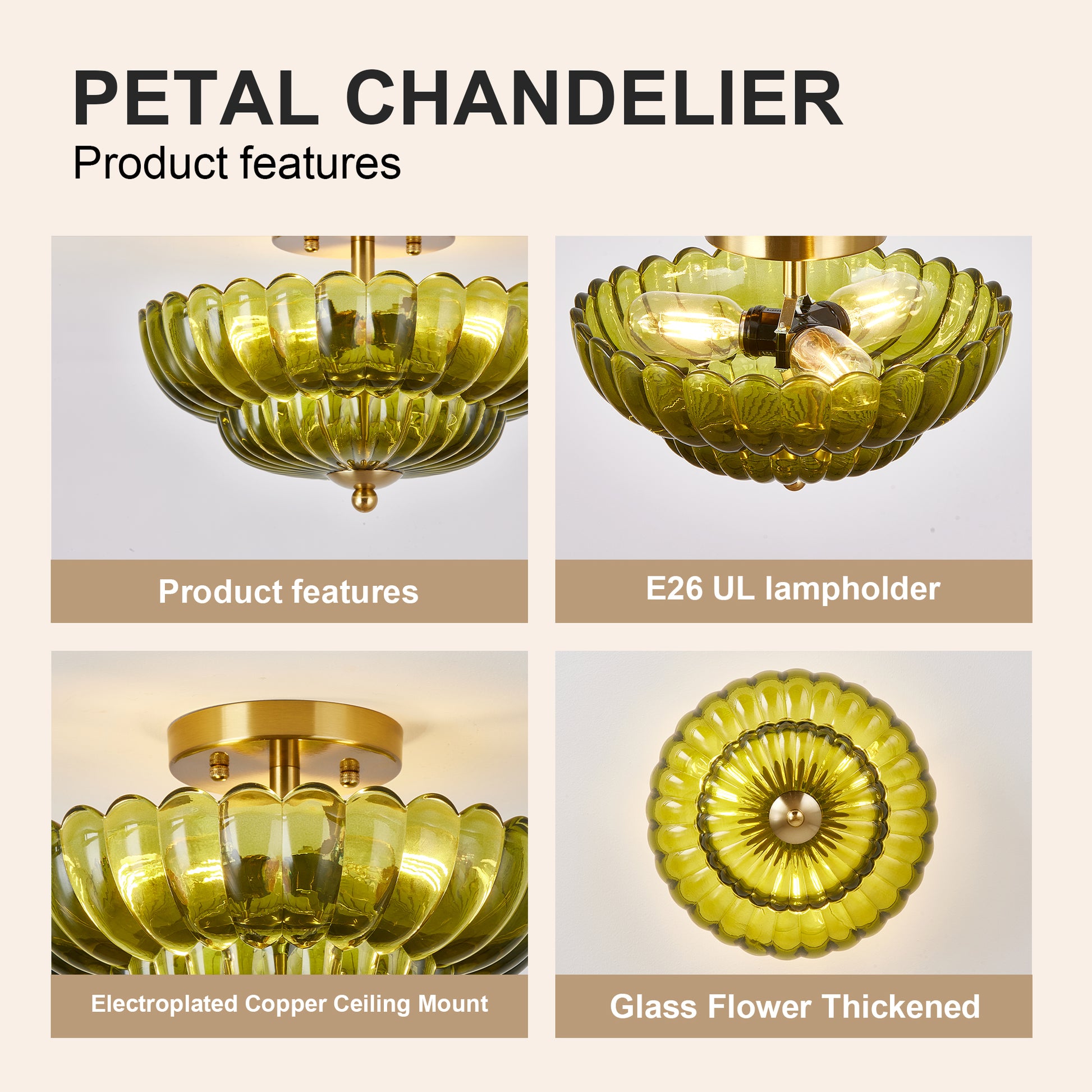 11.8" 3-Light Green Flower Glass Semi Flush Ceiling Light - view 5