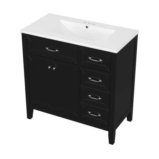 36" Black Bathroom Vanity with Sink, 4 Drawers & Black Handles