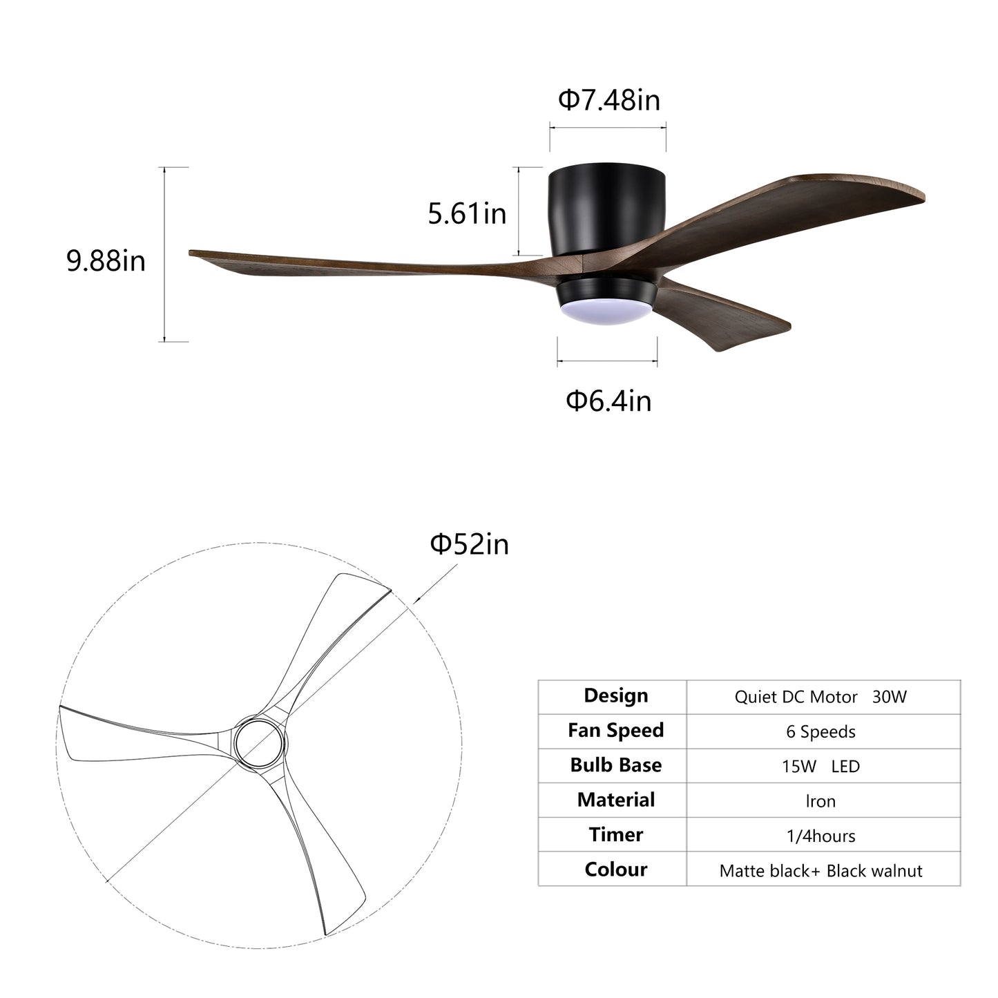 52" Matte Black Flush Mount Wood Ceiling Fan with Remote - view 6
