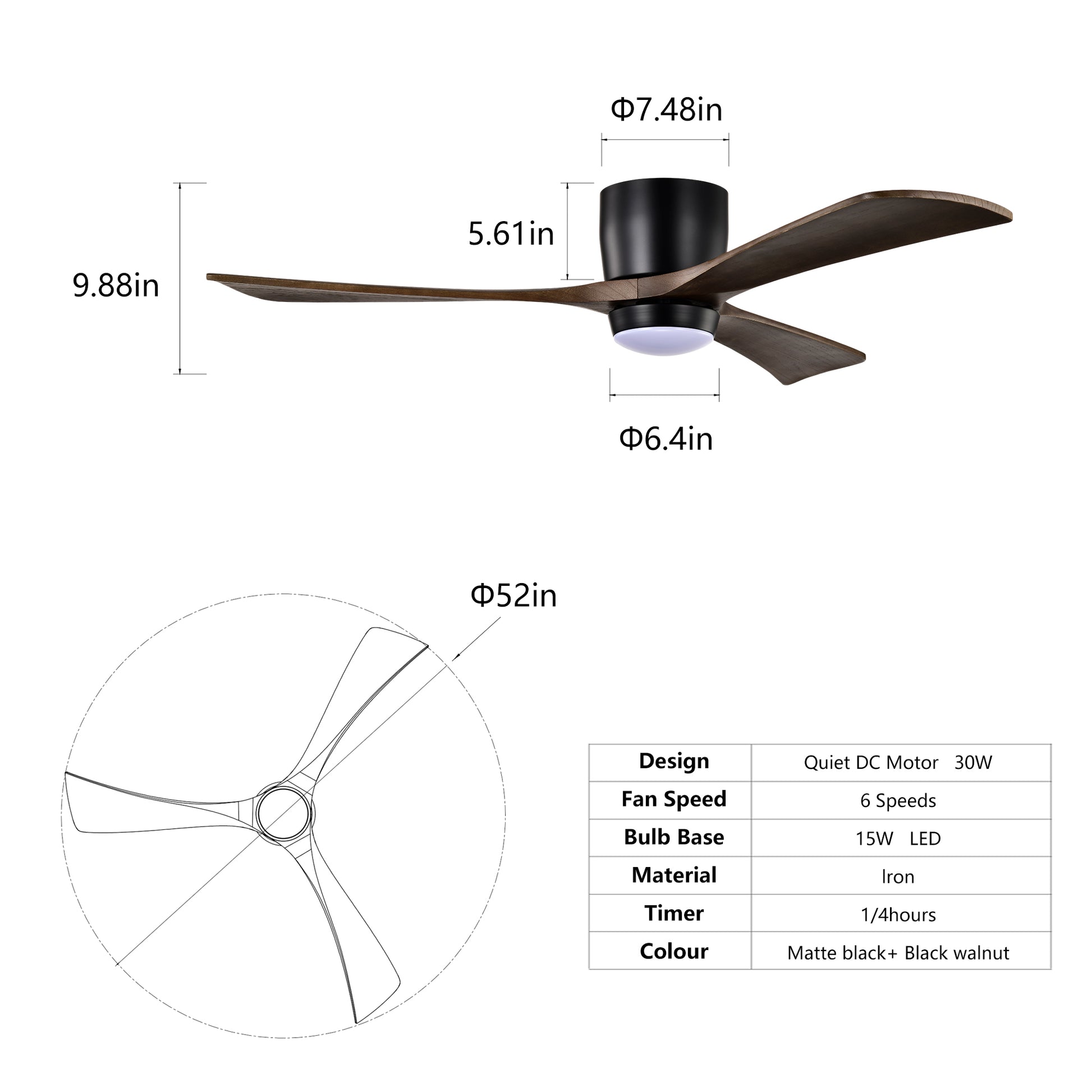 52" Matte Black Flush Mount Wood Ceiling Fan with Remote - view 6