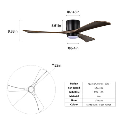 52" Matte Black Flush Mount Wood Ceiling Fan with Remote - view 6