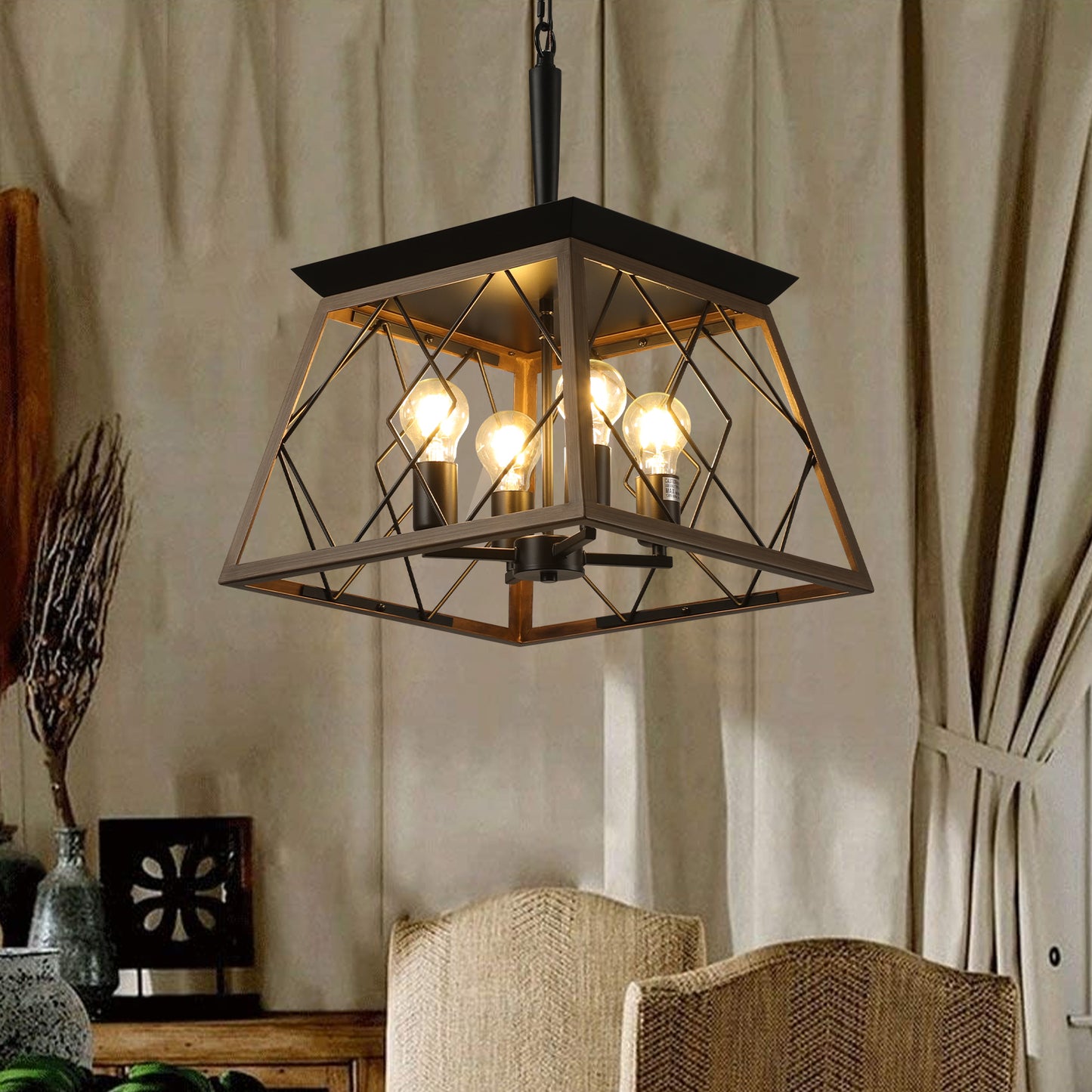 16" 4-Light Walnut Industrial Caged Chandelier