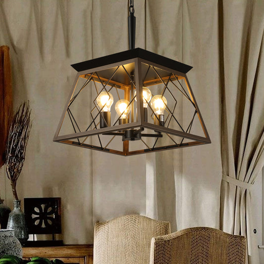 16" 4-Light Walnut Industrial Caged Chandelier