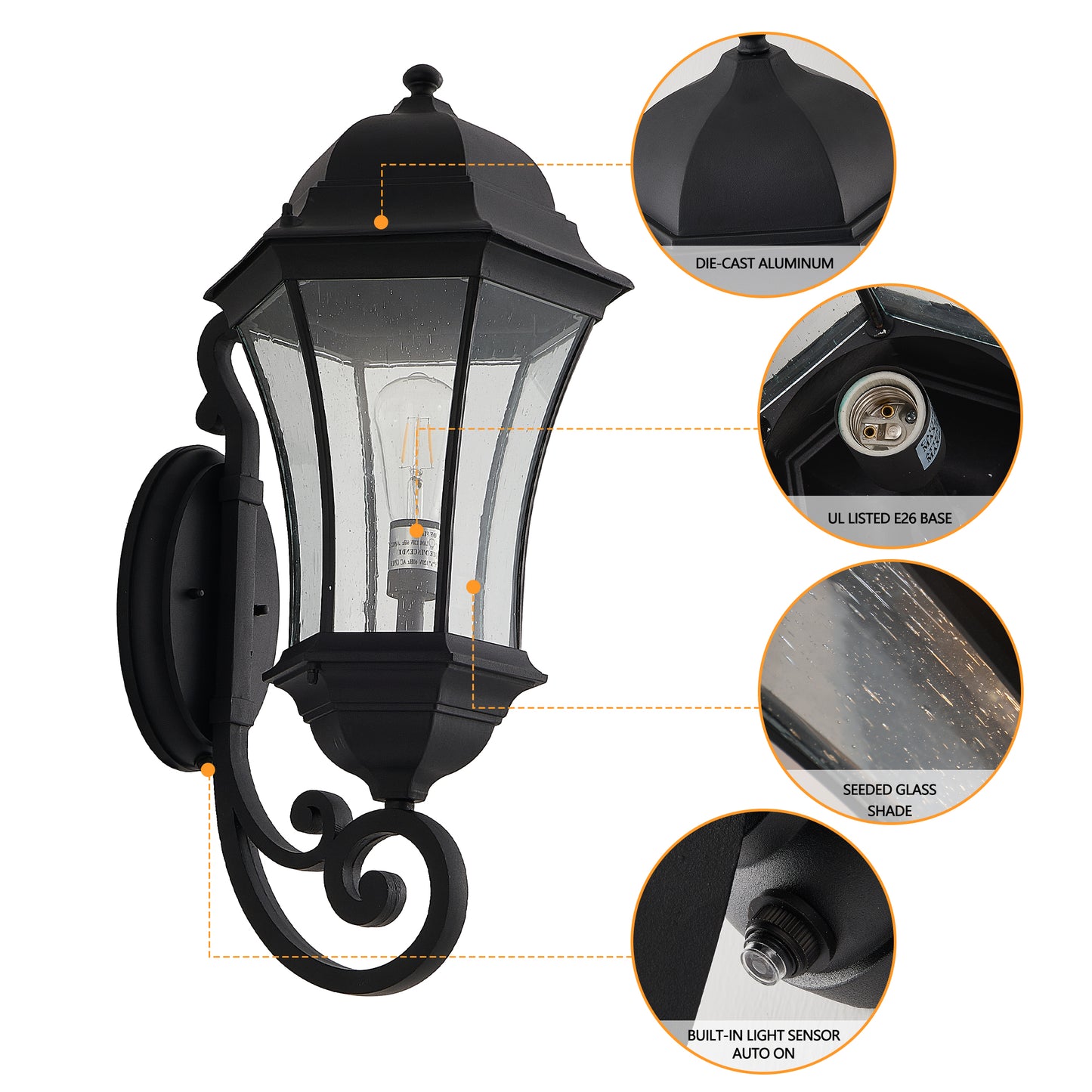 27"H Vintage Black Outdoor Wall Lantern with Bubble Glass - view 3