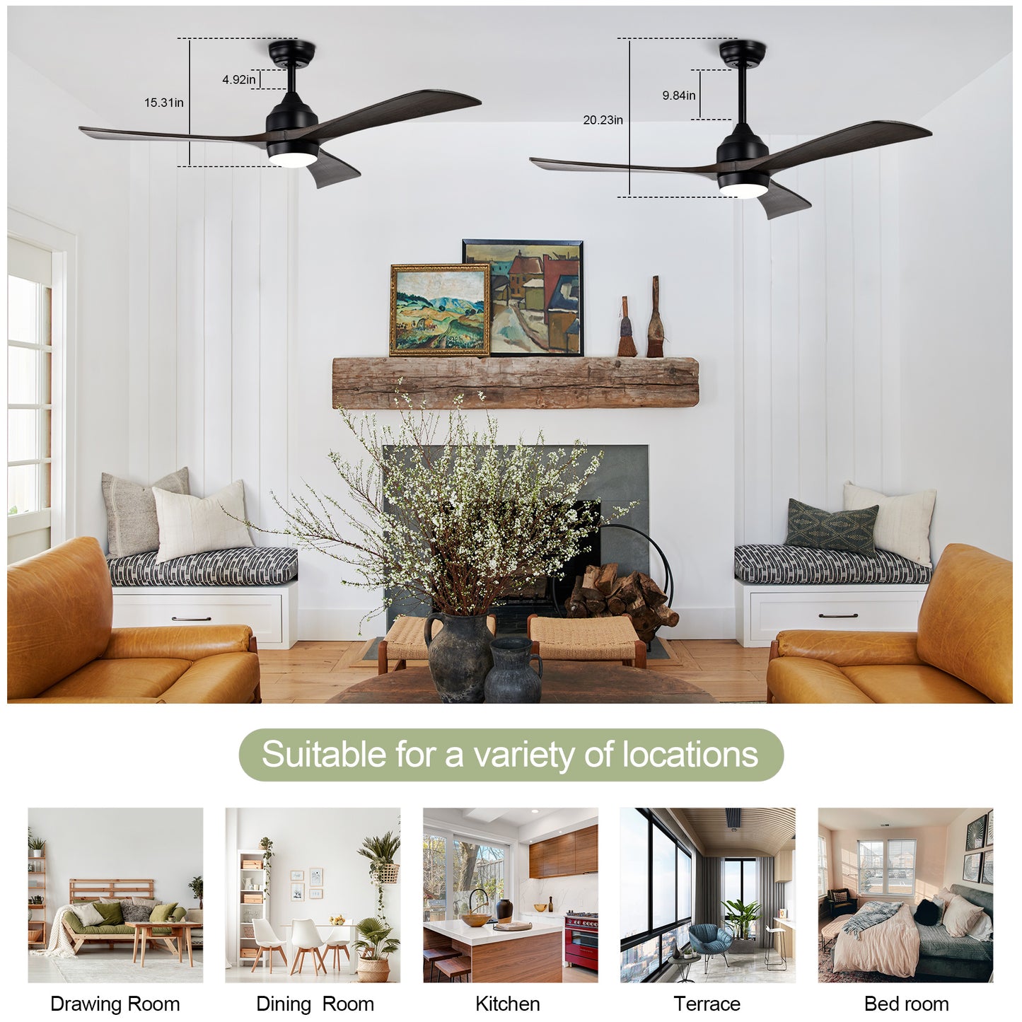 52" Matte Black Solid Wood Ceiling Fan with Remote - view 5