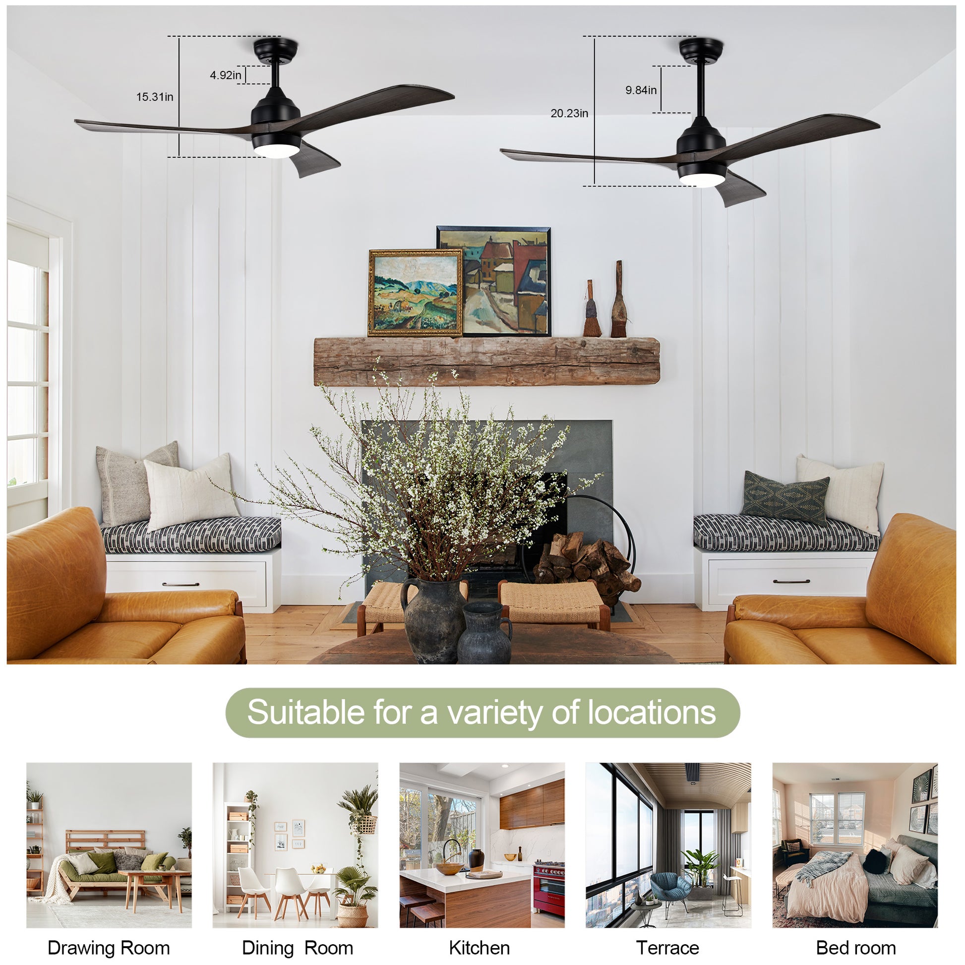 52" Matte Black Solid Wood Ceiling Fan with Remote - view 5
