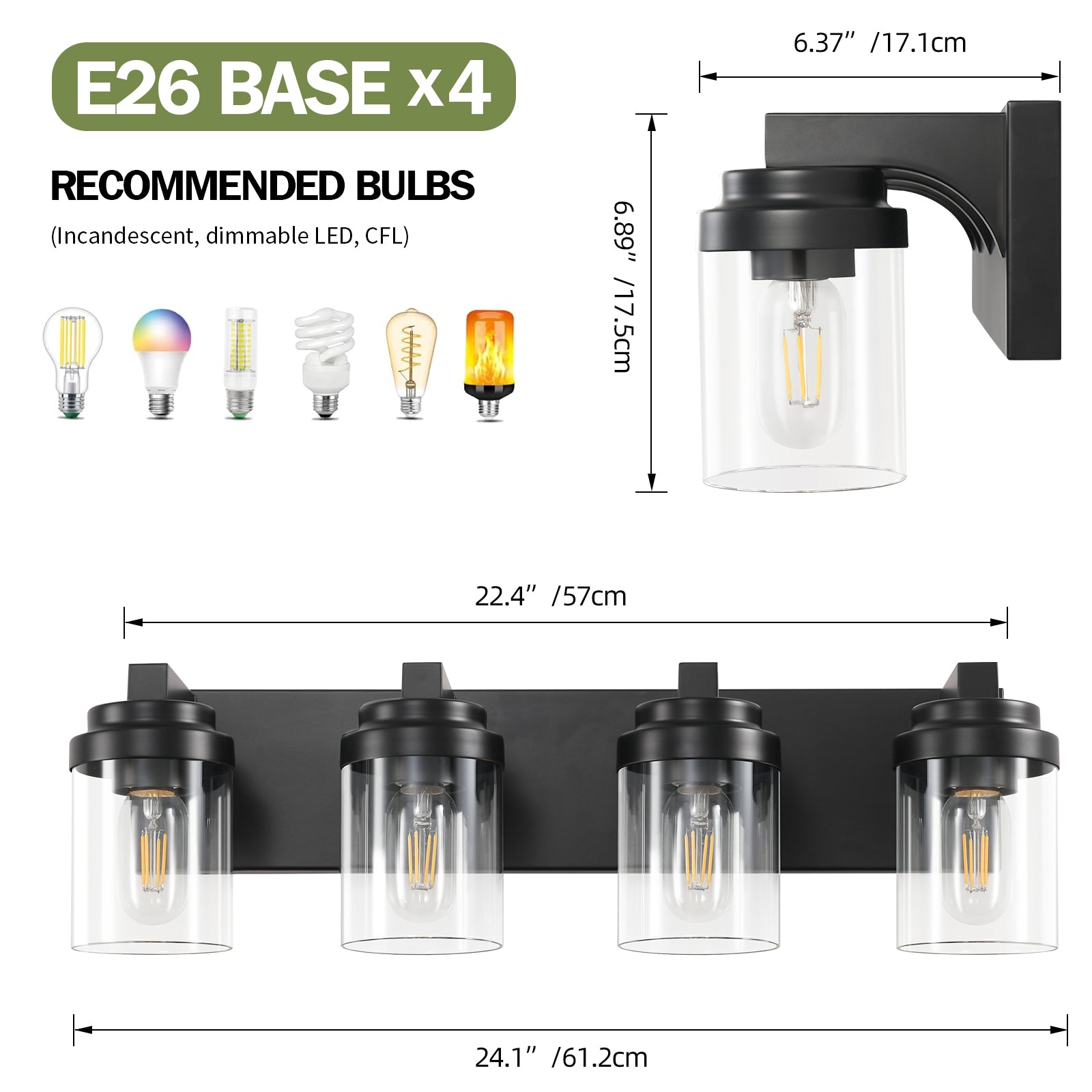 4-Light Matte Black Vanity Light with Clear Glass - view 7