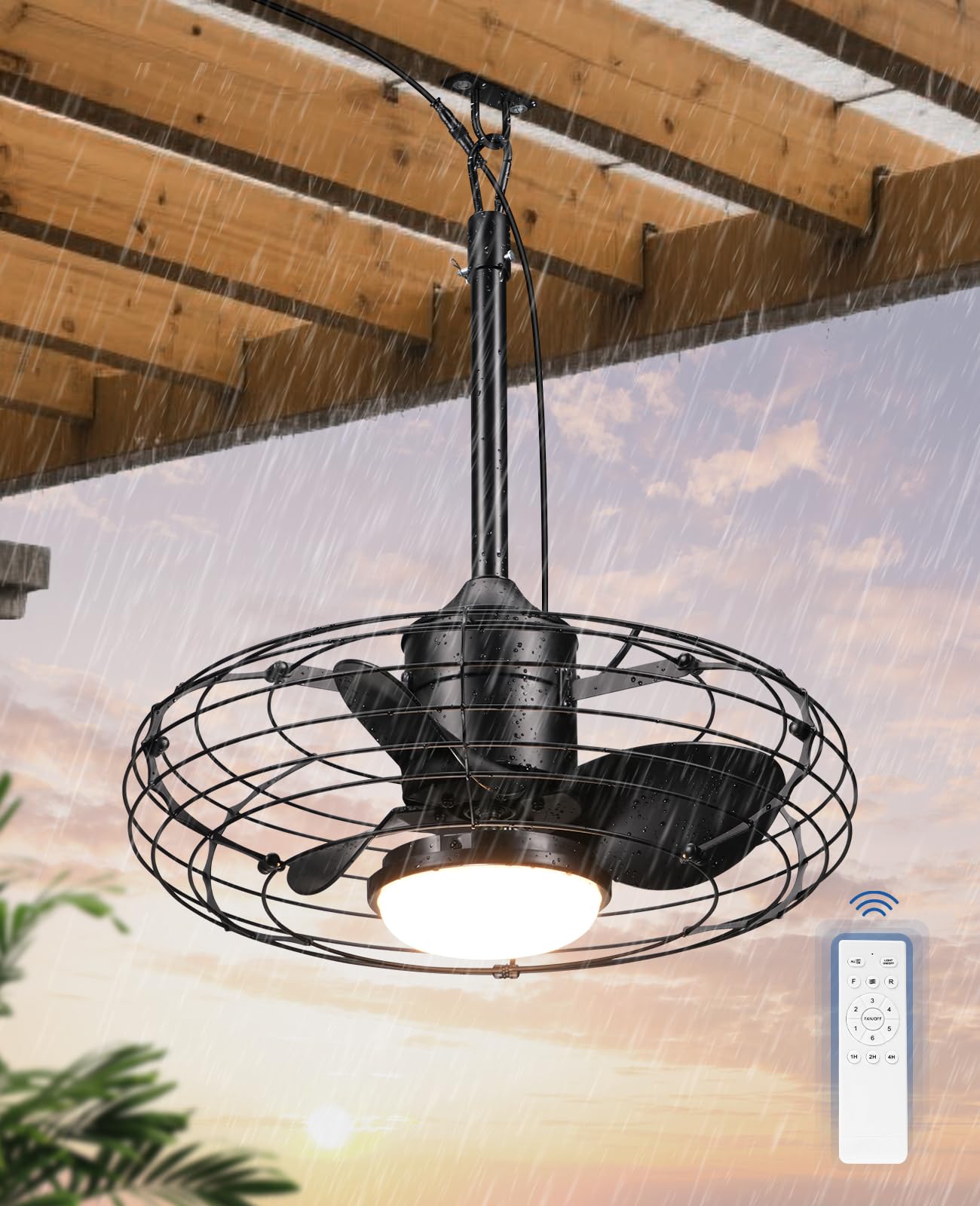 20" Caged Outdoor Ceiling Fan with Light and Remote