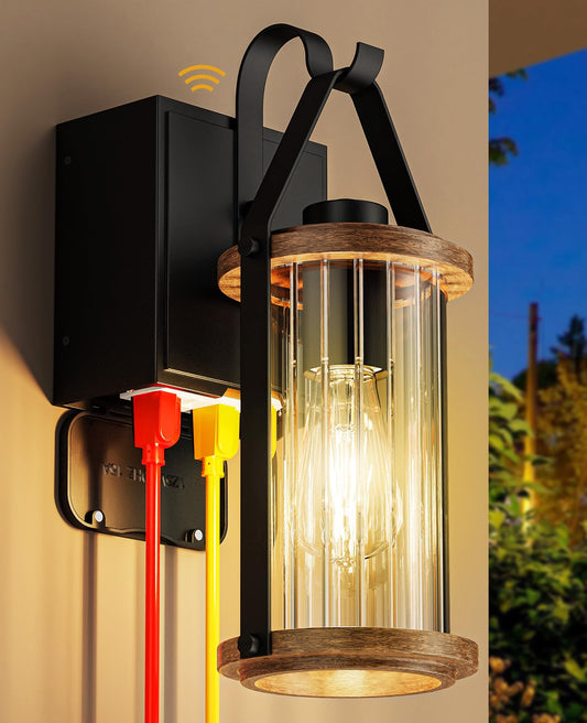 Black Wood Dusk to Dawn Outdoor Wall Light with GFCI Outlets
