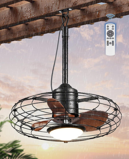 20" Caged Outdoor Ceiling Fan with Light and Remote