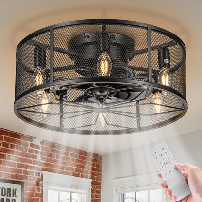 18" Black Caged Bladeless Flush Mount Ceiling Fan with Light