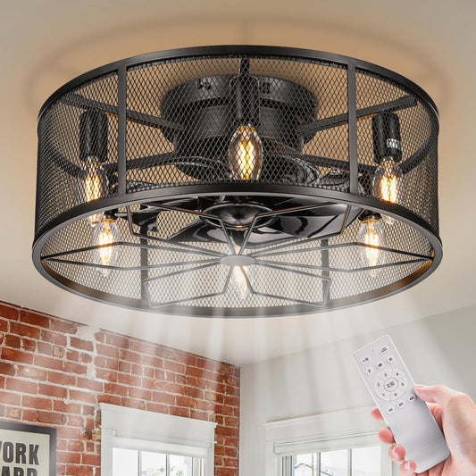 18" Black Caged Bladeless Flush Mount Ceiling Fan with Light
