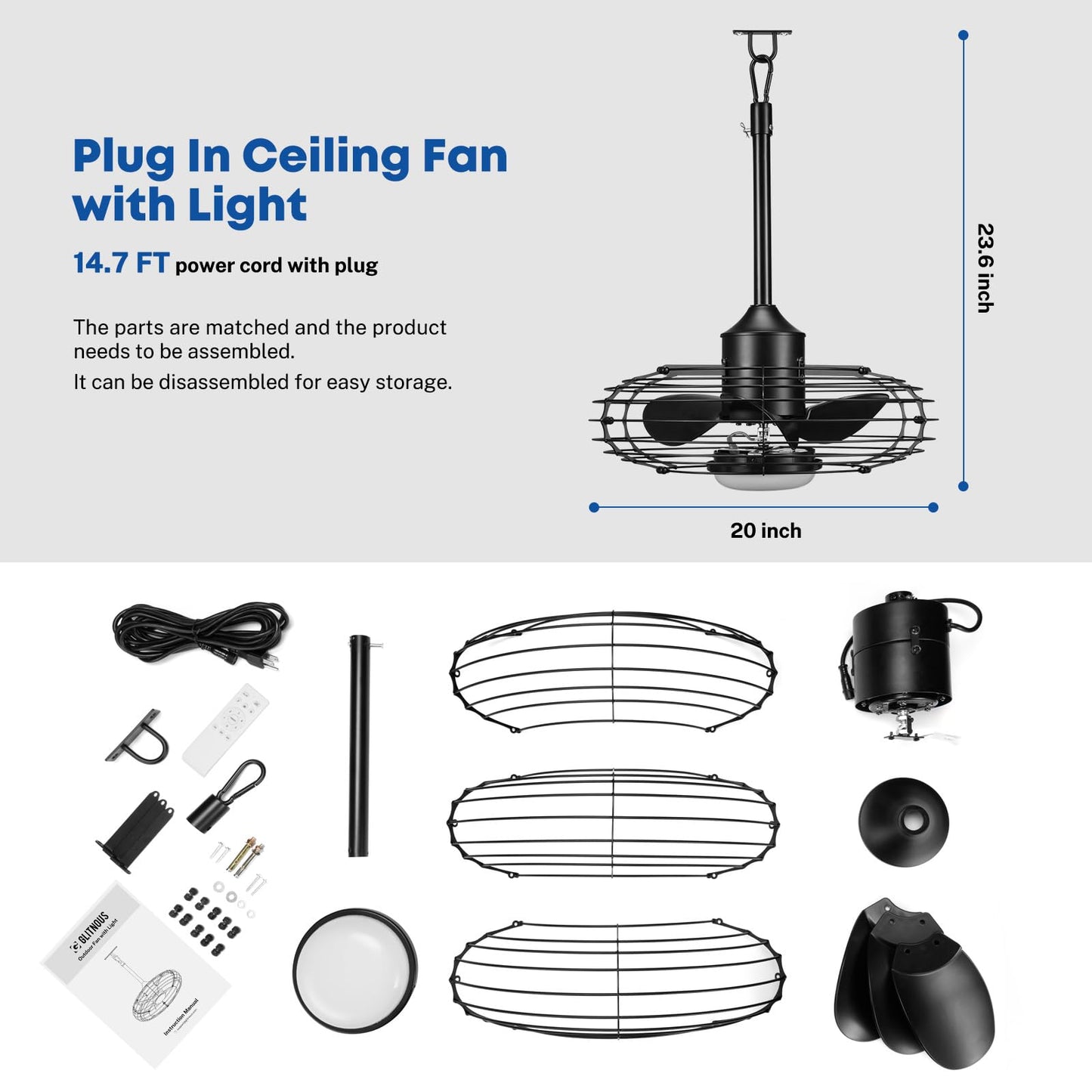 20" Caged Outdoor Ceiling Fan with Light and Remote