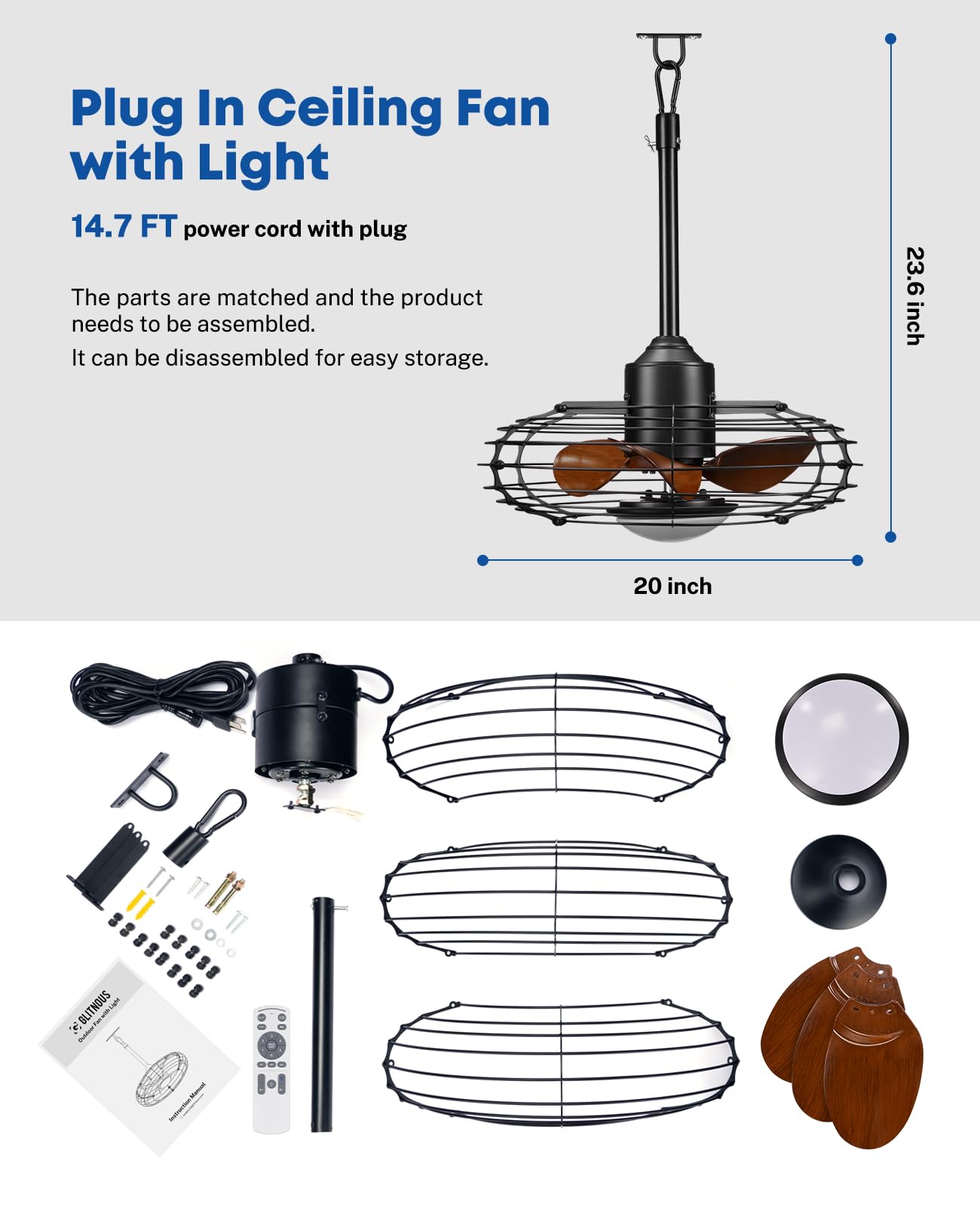 20" Caged Outdoor Ceiling Fan with Light and Remote