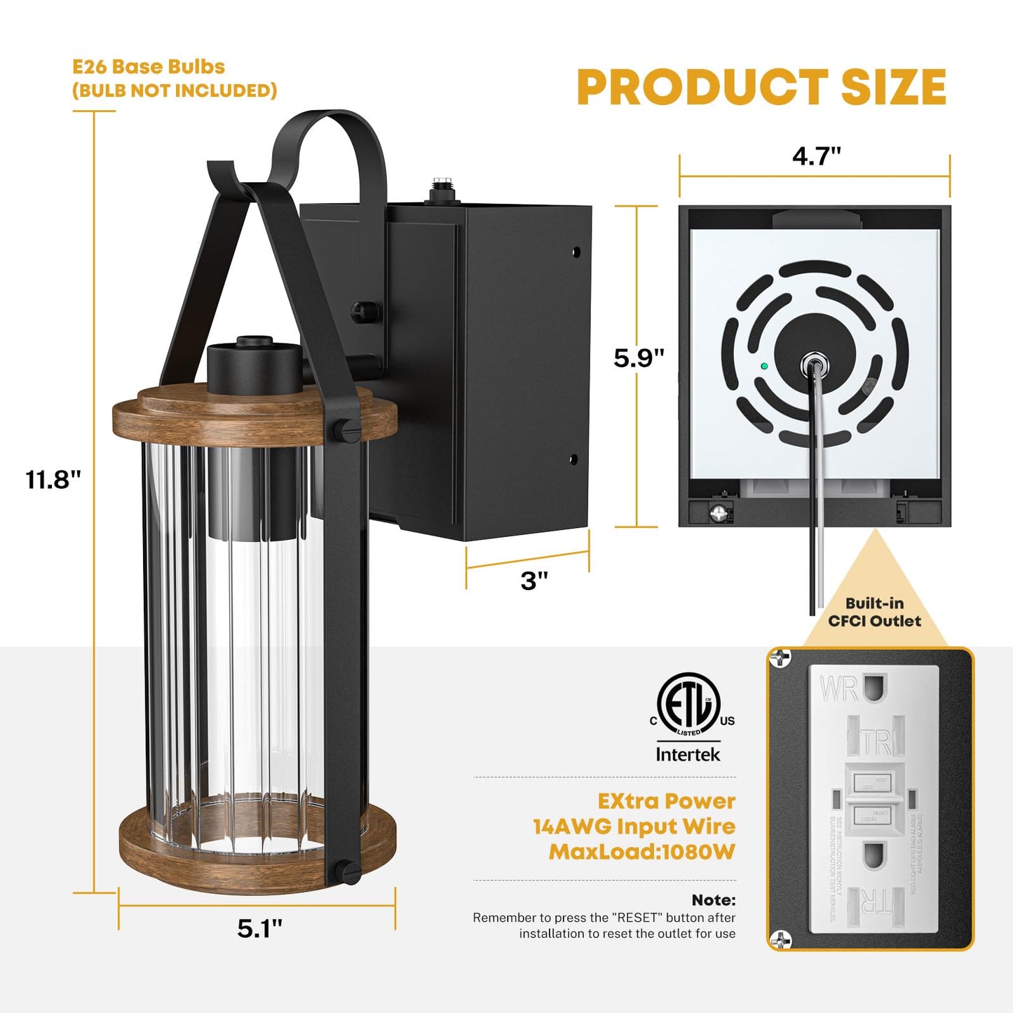 Black Wood Dusk to Dawn Outdoor Wall Light with GFCI Outlets