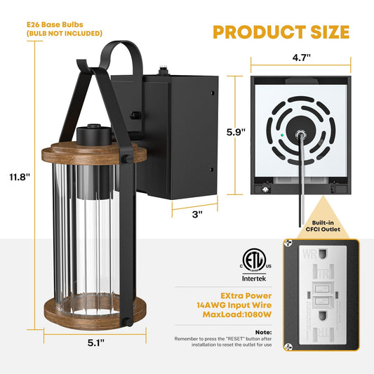 Black Wood Dusk to Dawn Outdoor Wall Light with GFCI Outlets