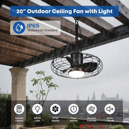 20" Caged Outdoor Ceiling Fan with Light and Remote