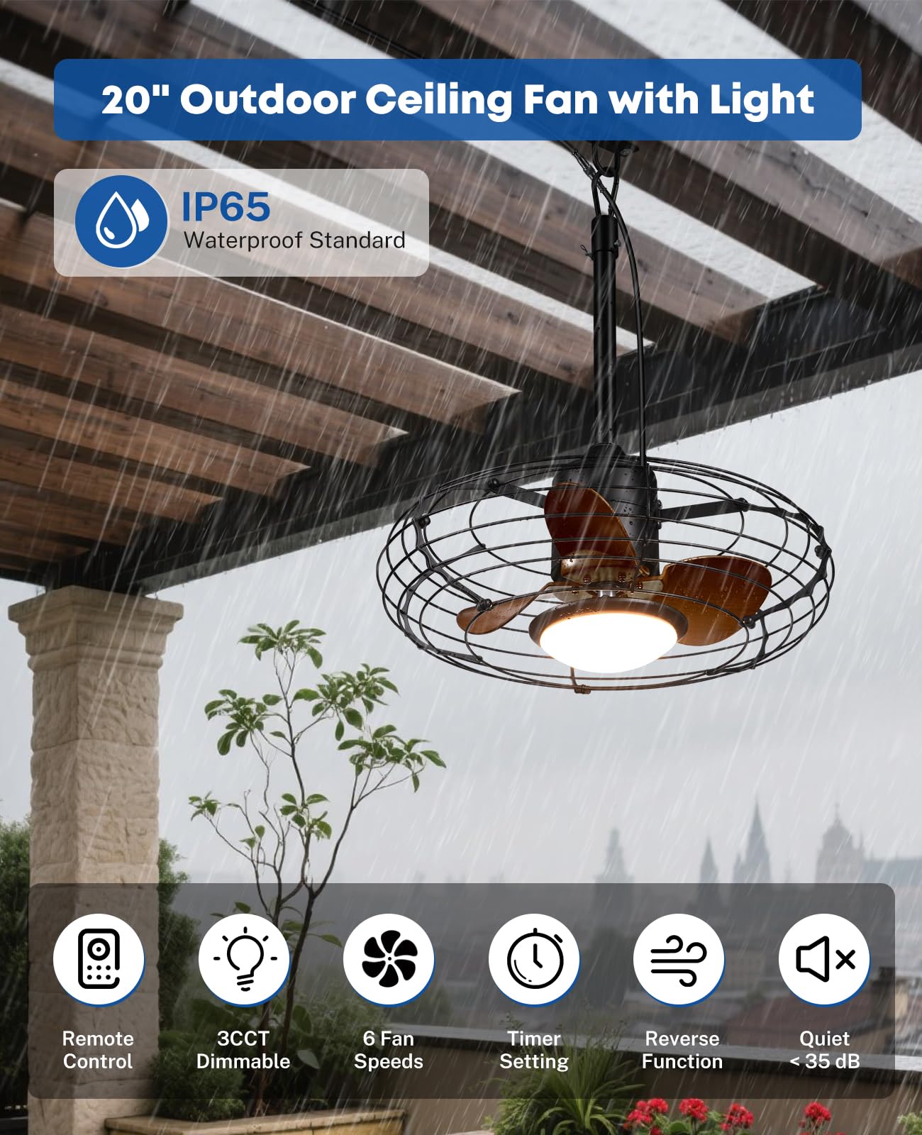 20" Caged Outdoor Ceiling Fan with Light and Remote