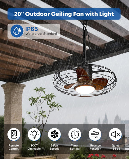 20" Caged Outdoor Ceiling Fan with Light and Remote