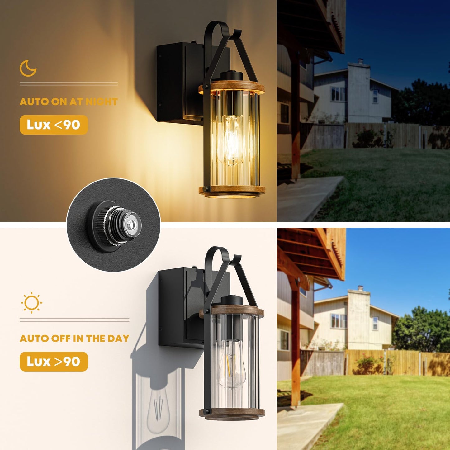Black Wood Dusk to Dawn Outdoor Wall Light with GFCI Outlets