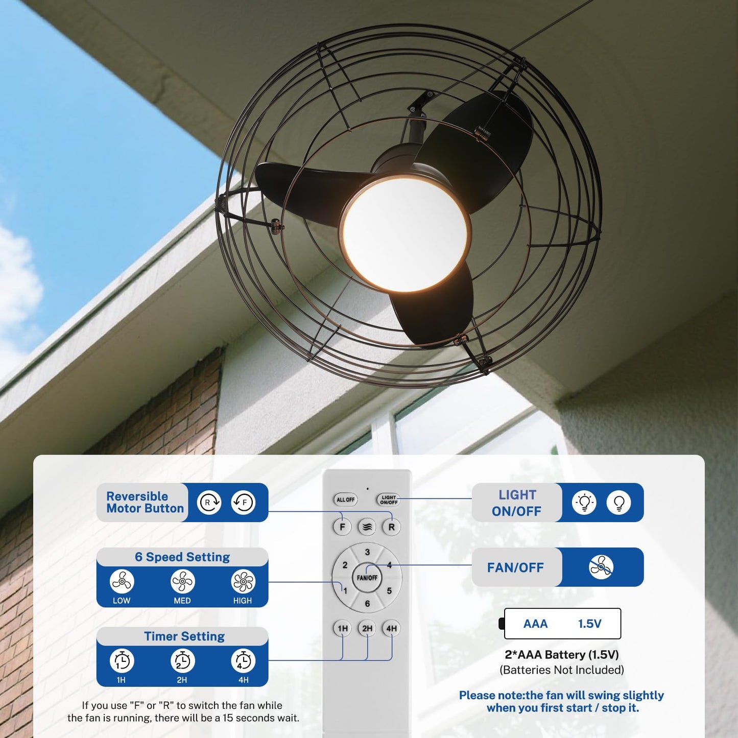 20" Caged Outdoor Ceiling Fan with Light and Remote