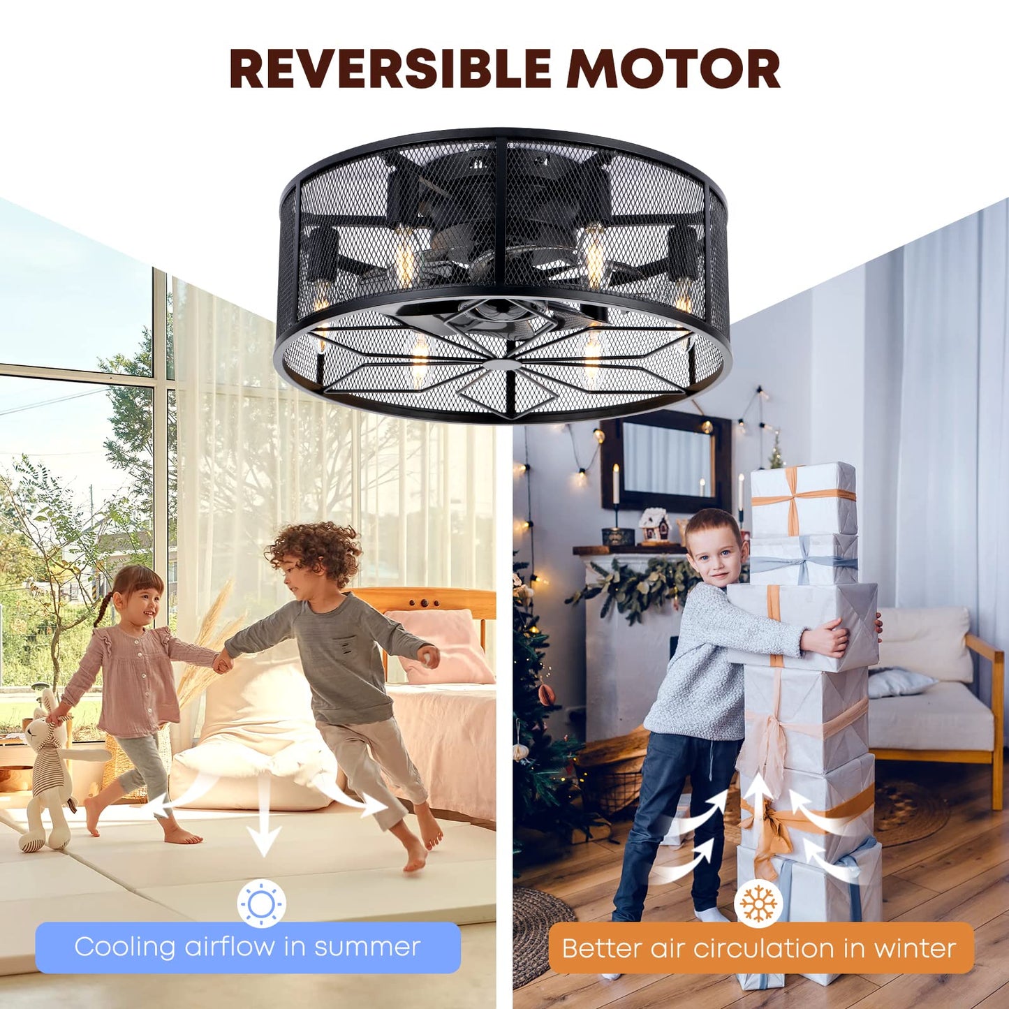 18" Black Caged Bladeless Flush Mount Ceiling Fan with Light