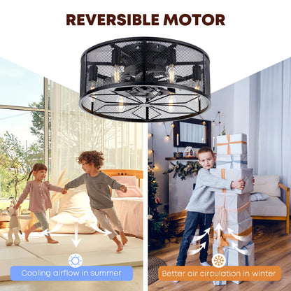18" Black Caged Bladeless Flush Mount Ceiling Fan with Light