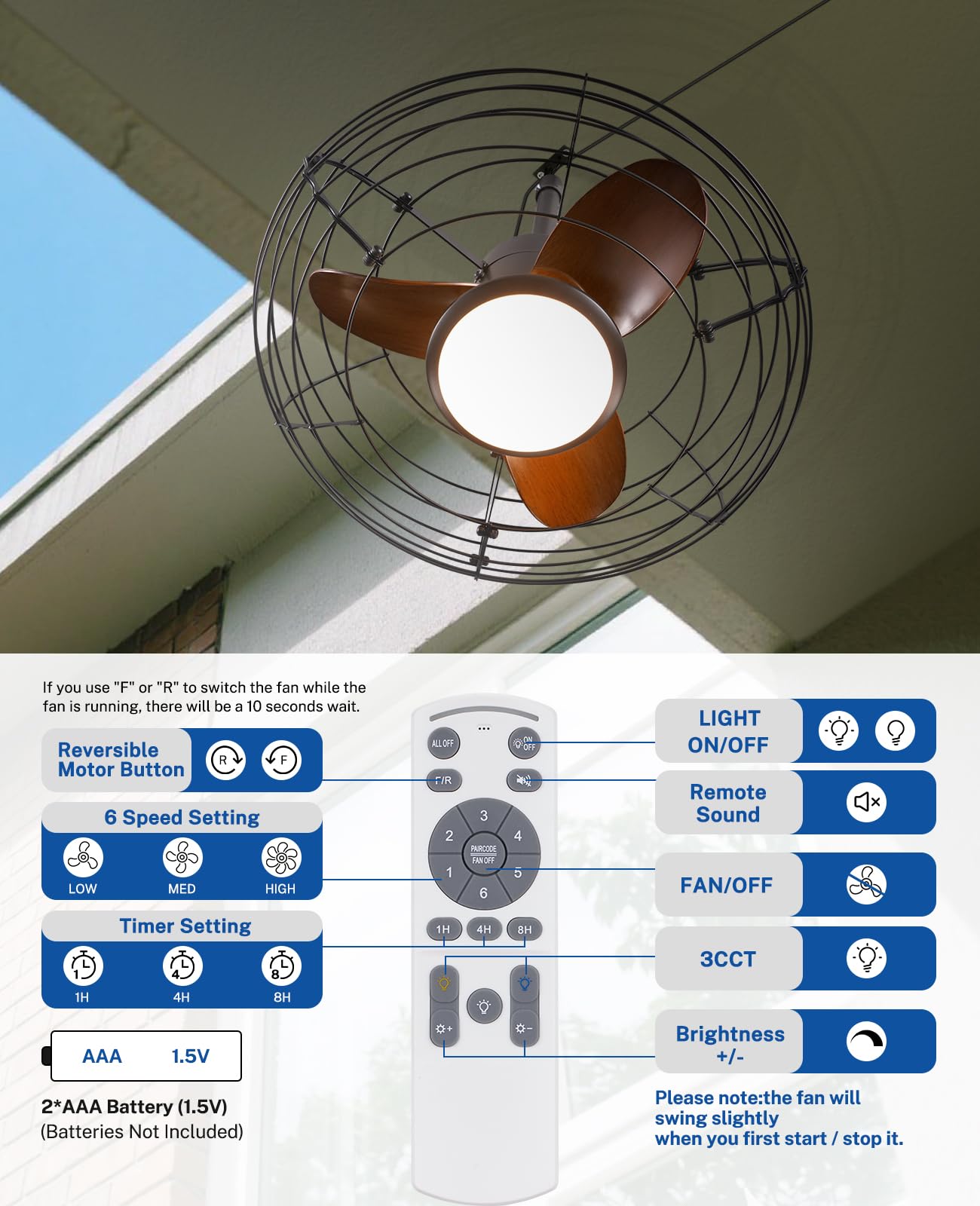 20" Caged Outdoor Ceiling Fan with Light and Remote
