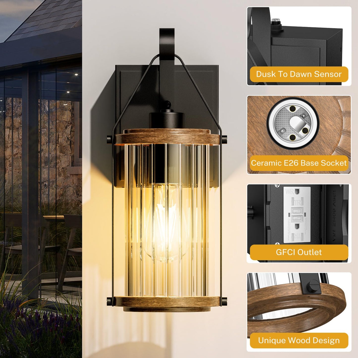 Black Wood Dusk to Dawn Outdoor Wall Light with GFCI Outlets