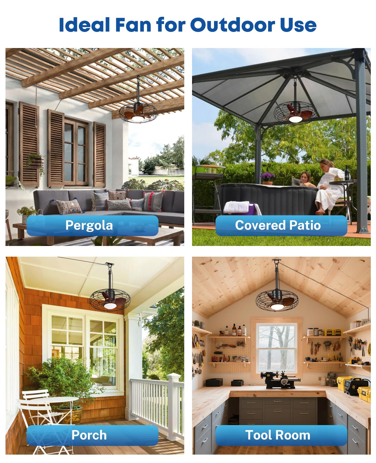 20" Caged Outdoor Ceiling Fan with Light and Remote